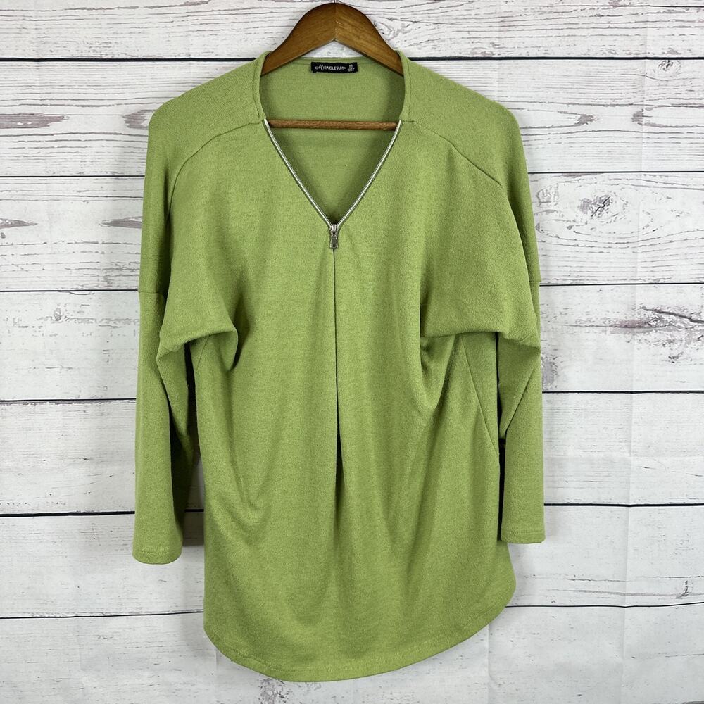 Miraclesuit Sweater Womens Medium Green Knit Pullover Boxy Oversized 1/4 Zip